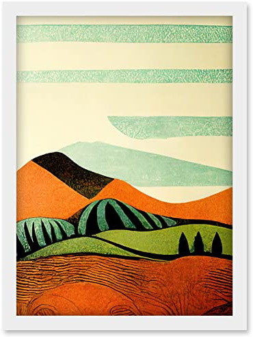 Doppelganger33 LTD Abstract Eclectic Tangerine And Olive Countryside Linocut Illustration Artwork Framed Wall Art Print A4