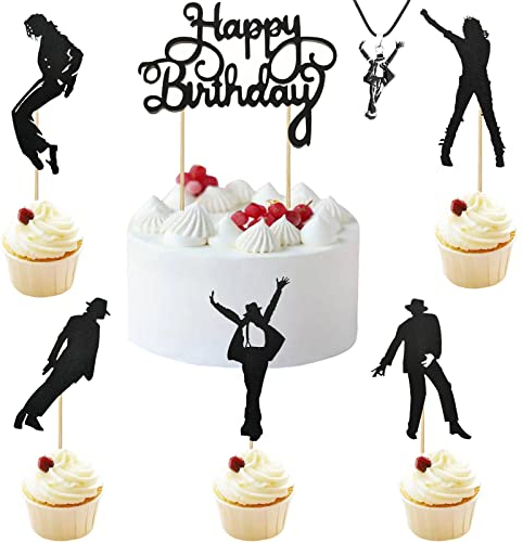 BOMJJOR 7 Pack Happy Birthday Cake Topper and MJ Necklace Dance King Forever Birthday Cake Topper Michael Pendant Theme Party Cake Decorations