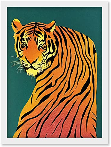 Wee Blue Coo Modern Tiger Portrait on Teal Orange Bold Artwork Framed Wall Art Print A4
