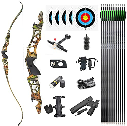 SHARROW 64 Zoll Bogenschießen Takedown Recurve Bogen ILF Wurfarme und Bogen Riser Amerikanischer Jagdbogen Erwachsene Sportbogen 30-60lbs für Outdoor Schießen (Camo Set, 50lbs)