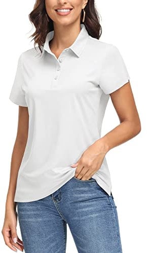 EKLENTSON Women's Golf Tee Shirt UPF 50+ Short Sleeve with 4 Buttons Quick Dry Stretch Tennis Collared Polo White,L