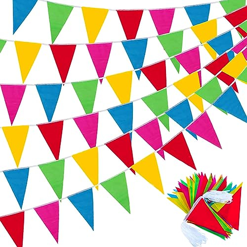 VIKY Wimpelkette Outdoor Wetterfest,100M Beidseitig Wimpelkette Kinderzimmer,Wimpelkette Geburtstag,Wimpelkette Stoff Bunt Girlande Banner Fahne für Kinderzimmer Geburtstag Party Hochzeit Dekoration