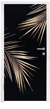 MuchoWow© Türverkleidung Türdeko Tapete Selbstklebend Tür Tattoo Blätter - Pflanzen - Gold - Schwarz - Luxus - 75x205 cm