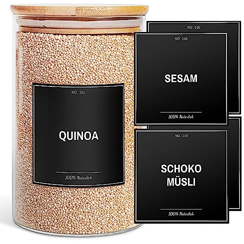 GREEANO Vorratsetiketten selbstklebend [156er XL-Set DE] – Beschriftung Vorratsdosen – Etiketten Vorratsgläser - Schwarz