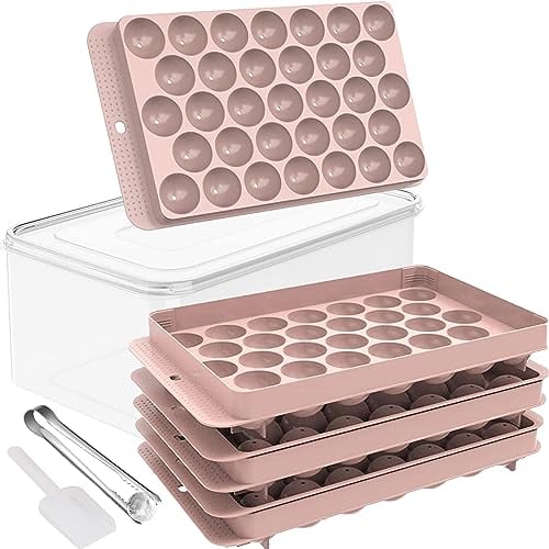 Ice Cube Tray with Lid and Ice Box Set, Round Ice Ball Making Mould for Freezer, 3 Tiers Ice Cube Moulds with Storage Ice Bin, Ice Tong & Scoop, 99 Pcs Sphere Ice Tray