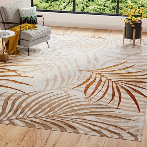 TAPISO Golden Teppich Kurzflor Wohnzimmer Schlafzimmer Luxuriös Creme Gold Beige Blätter Meliert Verwischt Modern Design ÖKOTEX 200 x 300 cm