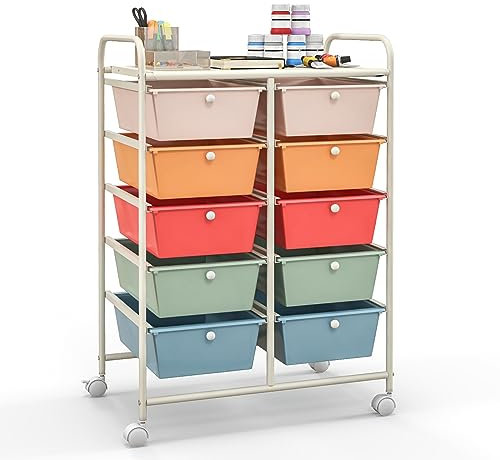 TANGZON 10 Drawers Storage Cart, Rolling Utility Cart with Lockable Wheels, Multipurpose Mobile Organizer Trolley for Home Office Stationery Beauty & Salon (Macaron)