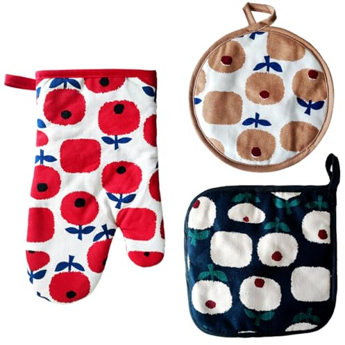 ZCSOWE 3 Pièces Maniques Cuisine Anti Chaleur, Gants Cuisine Coton avec Antidérapants Gant Cuisine Résistant à la de Cuisine Gants de Four Gants Four pour Cuisiner, Cuire, Griller