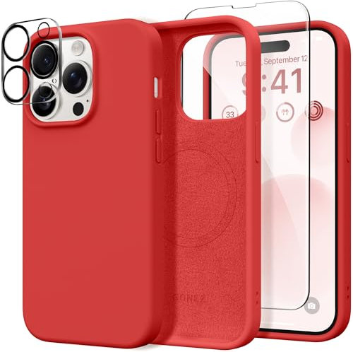 GONEZ for iPhone 14 Pro Case, Compatible with Magsafe, with Screen Protector + Camera Lens Protector, Soft Anti-Scratch Microfiber Lining, Shockproof Liquid Silicone Phone Cover, Crimson Red