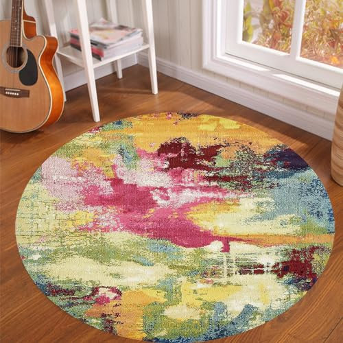 Rug-QJDDUP Teppich Rund 120 x 120 cm für Wohnzimmer, Jugendzimmer, Schlafzimmer Dekoration ästhetisch, Bunt Modern Abstrakt Rot Rosa Orange Gelb Grün Blau, rutschfest, Waschbar,