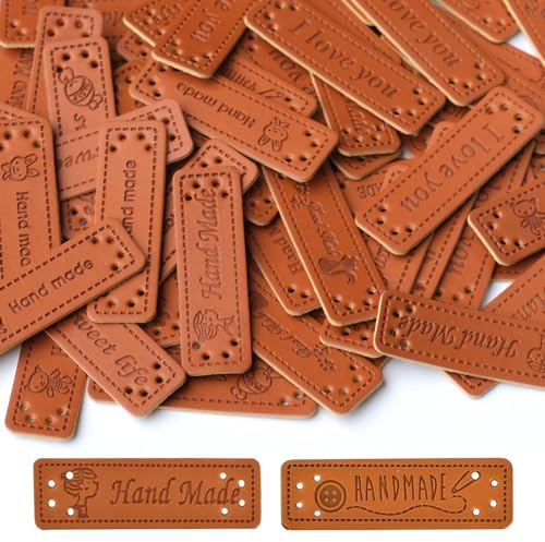 YUANHEHE Pu Handmade Label 100 Stück Labels Zum Annähen Hand Made Etikette Handmade Label Leder Für DIY Handmade Näharbeit Deko Jeans Taschen Schuhe Hut Handwerk, Stricken Und Häkeln (8 Farben)