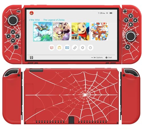 JINGDU Schutzhülle Kompatibel mit Nintendo Switch OLED 2021, TPU Case Zubehör für Switch Console und Grip Joy-Con, Switch Protector mit 4 Daumengriffen, Rot Spinnennetz