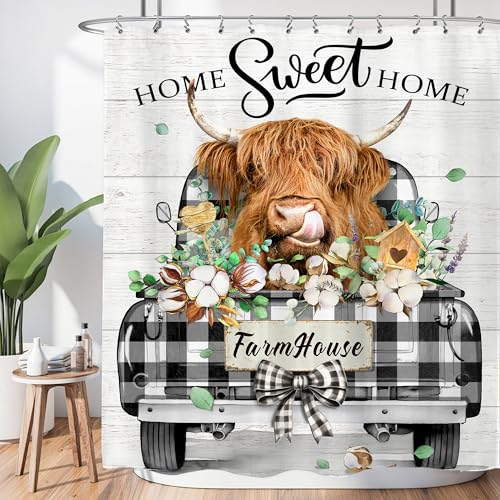 LIGHTINHOME Farmhosue Hochlandkuh Duschvorhang, 152,4 x 183,9 cm (B x H), rustikaler Eukalyptus, lustiger Bullenland, Baumwolle, Büffel, kariert, LKW, Stoff, wasserdicht, Polyester, Badezimmer,