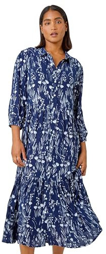 Roman Originals Shirt Dress for Women UK- Ladies Long Sleeve Belted Collared Midi Maxi Winter Autumn Smart Casual Button Through Evening Office A Line Swing Skater - Navy & White - Size 10