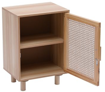 spot on dealz Rattan bedside table cabinet with 1 door frame with PB and Melamine rattan decoration 2 tier storage Pine wooden legs hallway small side and bed side table for bedroom natural oak finish