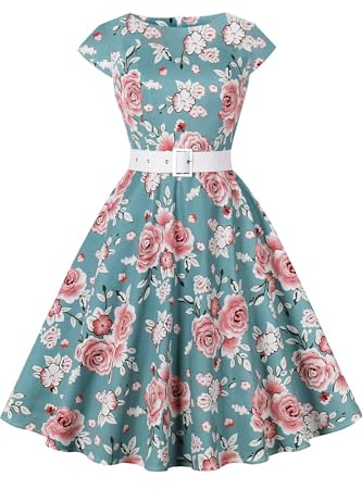 AXOE Damen Rockabilly Kleider 50er Jahre Baumwolle Gürtel Grün mit Blumenmuster F05, Gr.38, M