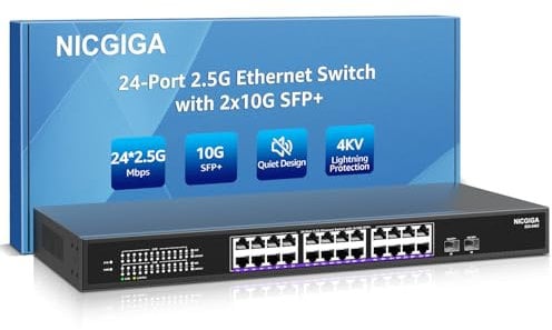24 Port 2.5G ➕ 2 Port 10G SFP+ Ethernet Switch, NICGIGA 26 Port 2.5Gb Network Switch Unmanaged, Plug & Play, Desktop or 19-inch Rack Mount, Fanless Metal Design.