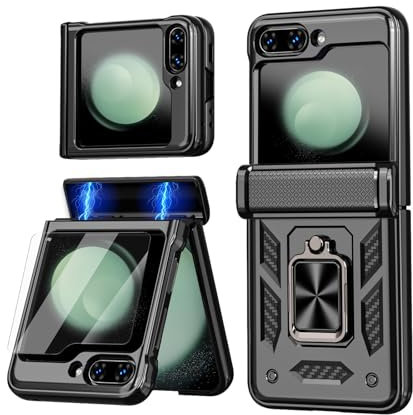 ELESNOW for Samsung Galaxy Z Flip 6 Case with Hinge Protection & Screen Protector, Rotatable Ring Stand Rugged Armor Shockproof Phone Case Cover for Samsung Galaxy Z Flip6 5G (Black)
