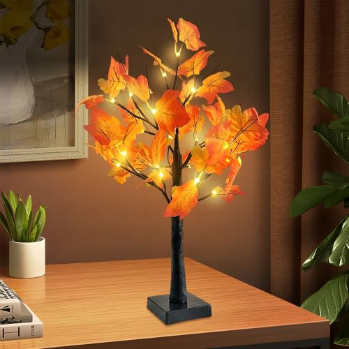 KBIBCK 24 LED Ahornblatt Baum Licht, Lichterbaum Für Innen Herbst Deko, Schreibtisch Ahorn-Blätter Baumlicht Warmweiß, Lichterbaum Halloween Deko für Party,Halloween,Erntedankfest