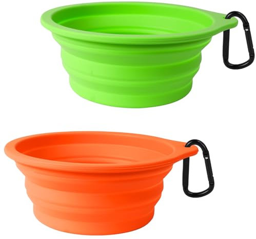 PetBonus Hundenäpfe Faltbar Hundenapf, 2 Stück Silikon Wassernapf für Hunde Unterwegs, Tragbar Auslaufsichere Reisenäpfe mit Karabiner für Hunde Katzen für Wasser und Futter (Grün, Orange)