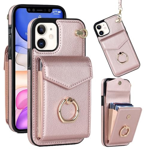 Knoowcase for iPhone 12 Case Shockproof Wallet with Card Holder Slots Ring Wrist Strap PU Leather Shell RFID Blocking Kickstand Magnet Full Protective Cover for iPhone 12, Rosegold
