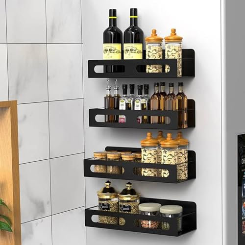 KEBMCHN 4 portaspezie magnetiche, Portaspezie Magnetico per Frigorifero, portaspezie, da parete, per frigorifero, in metallo, per spezie, da appendere, per porta dell'armadio,Senza Foratura (nero)