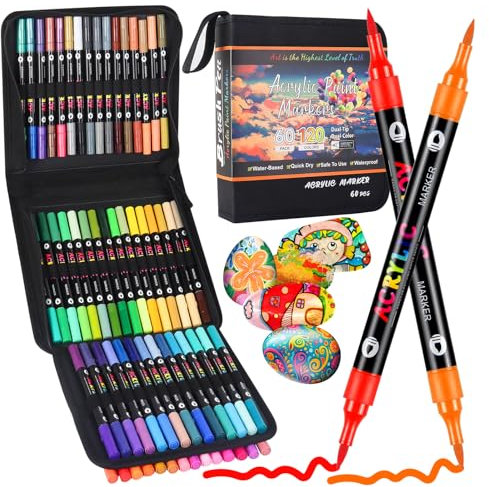 TrendGate 120 Couleurs 60 stylos Feutre Acrylique, Feutre Peinture Acrylique Double Pointe Pinceau, Marqueur Acrylique Pour Papier, Verre, Galet, Métal, Plastique, Bois, Oeuf, Céramique, Textile