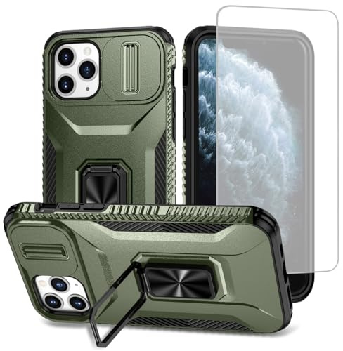Vavies Coque pour iPhone 11 Pro Max avec Protection d'écran en Verre trempé, Cache Caméra Coulissant et Anneau Magnétique pour Support Voiture Étui pour iPhone 11 Pro Max Vert