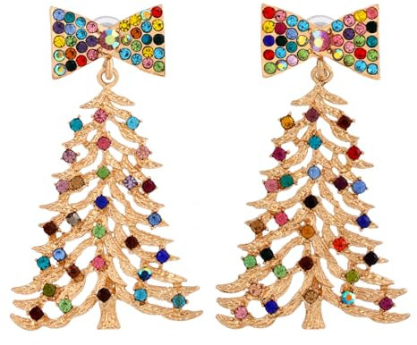 Christmas Tree Dangle Earrings, 2.4in Colorful Rhinestone-Encrusted Xmas Flashing Earrings Lightweight Holiday Drop Earrings for Women Festival Jewelry Gift for Holiday Party
