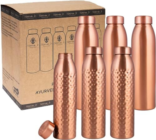NORMAN JR, Copper Water Bottle 1L - Gift Box of 6, Plain 3, Hammered 3, an Ayurvedic vessel made of pure copper - helps you drink more water with many health benefits
