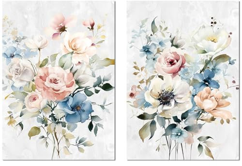 DRW Set di 2 quadri tela telaio in legno con fiori con una parte a mano in bianco, rosa e blu 70x3x100 cm