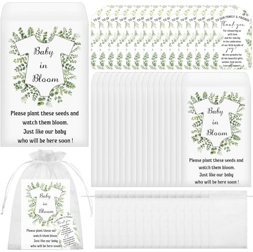 50 Sets Baby Shower Seed Packets Envelope Favours for Guests A Little Wildflower is On The Way Return Gifts Thank You Card Bulk Organza Bags for Plant Celebration of Life, No Seeds (Green)