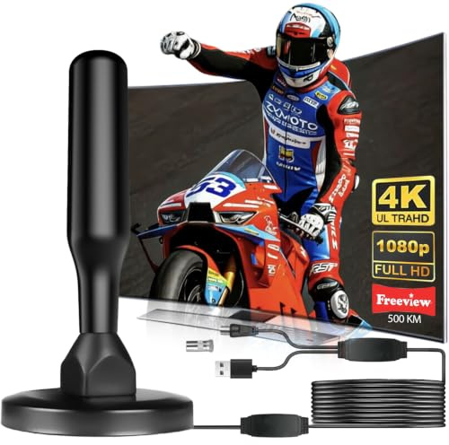 Antenna TV Interna 2026 Antenna TV Interna Amplificata Potente, Terrestre con 500 km di Ricezione con Base Magnetica, Amplificatore di Segnale Support 4K HD/1080P per HDTV (blackgrey)