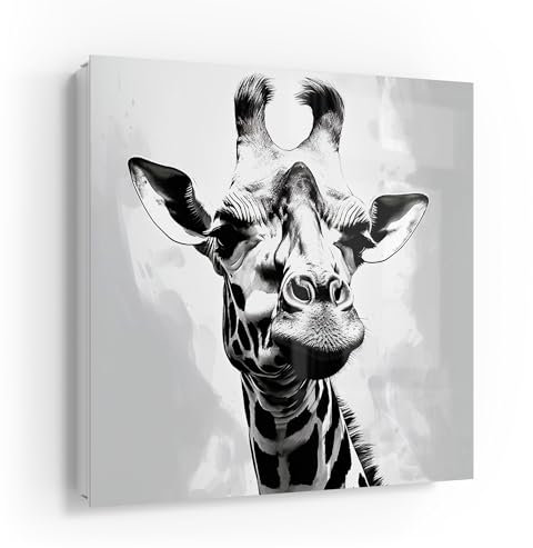 DEQOART Schlüsselkasten weiß | 30x30 cm | Motiv Monochromer Giraffenblick | Glas & Metall Schlüssel-Box | Schlüsselschrank mit 50 Haken + 2 Magnete | Moderne Design Box magnetisch & beschreibbar