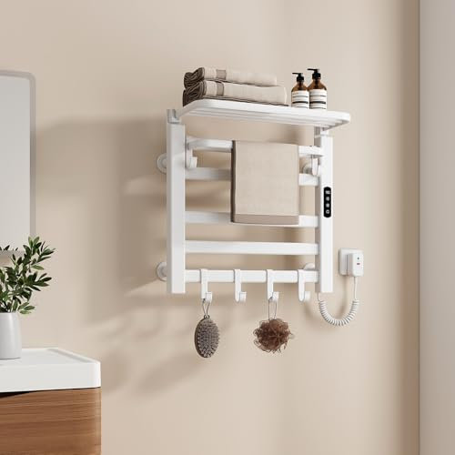EMKE Scaldasalviette Elettrico 500 x 500 mm, Bianco, 140W, Scaldasalviette con Mensola e Ganci, Temperatura Regolabile 30-70°C, Funzione Timer, Memoria di Interruzione di Corrente