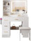 Dressing Table, Vanity Desk with Mirror and Drawers, Makeup Desk with 4 Drawers and Open Shelves, Wooden Modern White Bedroom Dressing Table with Mirror and Stool, Led Light with Adjustable Brightness