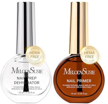 MelodySusie 2PCS Nail Dehydrator and Primer, Professional Natural Hema Free and Acid Free Primer,Dehydrator for Acrylic Powder and Gel Nail Polish,Fast Dry 15ML