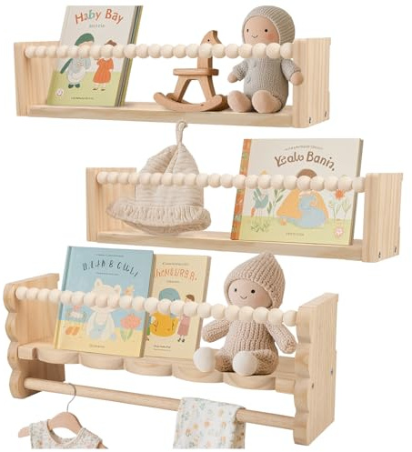 Nastopee 3er Set Wandregal Kinderzimmer, 15 * 40 * 10cm Bücherregal Kinder Wand Montessori Regal mit Holzperlen-Design, Bücherregal Wanddeko Aufbewahrungsregal für Kinder Bad Wohnzimmer