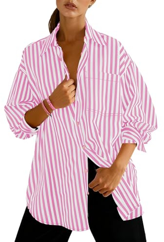 Dressmine Women's Oversized Shirt Cotton Striped Blouse Long Sleeve Button Down Collared Tops Casual Shirts with Pocket