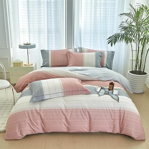 LYJKLST Housse de Couette Floral 3 Pièces 280 x 240 cm avec 2 Taies d'oreiller 65x65 cm Rayures Roses Blanches Motifs Parure de Lit 280 x 240 cm Douce Respirable Microfibre