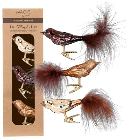 Christbaumschmuck Glas 8cm x 3 Stück Vögel auf Clip in Kartonbox Elegant Lounge