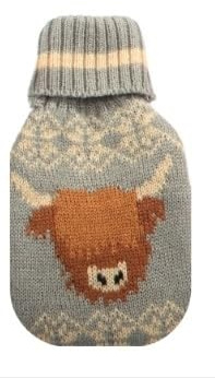 1 x Hand Warmer Pocket-Size With Knitted Cover Cute Designs (Light Blue Highland Cow)