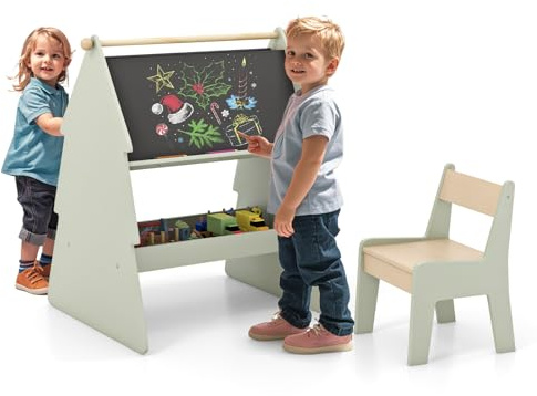 FANTASK 2 in 1 Standtafel doppelseitig, Kinder Staffelei und Stuhl Set mit Kreidetafel & Whiteboard, Kindertafel mit Ablage & Papierrollenhalter für Kinder ab 3 Jahren (Grün)