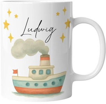 Tasse mit Namen | Schiff, Dampfschiff | Personalisierte Kindertasse mit Fahrzeugen | Keramik für Kinder, Jungen & Mädchen – Geschenk, Kinderbecher, Namenstasse Aquarell wasserfarben