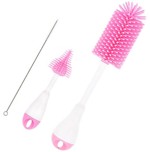 CORHAD Rotation Feeding Bottle Cleaning Brush Bottle and Straw Cleaner with Long Handle for Thorough Cleaning and Portable Pink Kit