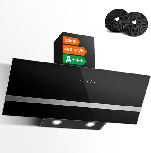 SNDOAS A+++ Dunstabzugshaube 90cm, Kopffreihaube Abluft/Umluft 450 m³/h | Schwarz Abzugshaube mit 3 Stufen + Boost, SensorTouch -Bedienung, Wandhaube mit Aktivkohlefilter, LED-Beleuchtung