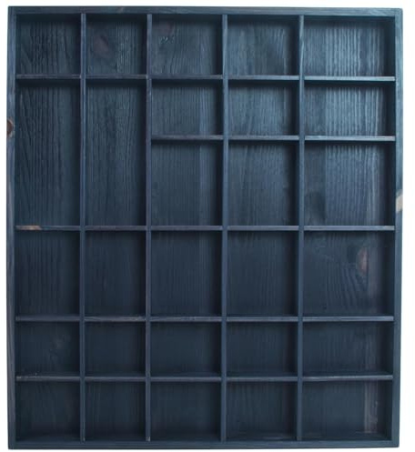 WooDeeDoo Wooden 28 Compartments Display Trinkets Shelf - Hand-Stained - Dark Grey - Satin - Pine Wood Wall Mounted Shadow Box Vintage Curio Cabinet Miniatures Tray - 45 x 40 x 3.5 cm