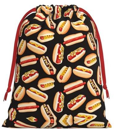 S Weihnachten Kordelzug Beutel - Fun Food Hot Dogs Print Urlaub Säcke Tasche Leckereien - Plüschbeutel für Geburtstag Hochzeit