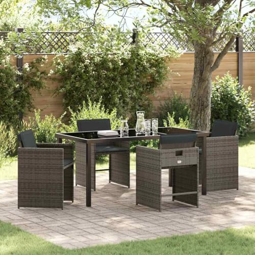 Holamys Garten Essgruppe 5-teilig, Grau Poly-Rattan, Langlebiges Outdoor-Möbelset für Terrasse, Balkon, Moderne Gartengarnitur mit Tisch & 4 Stühlen