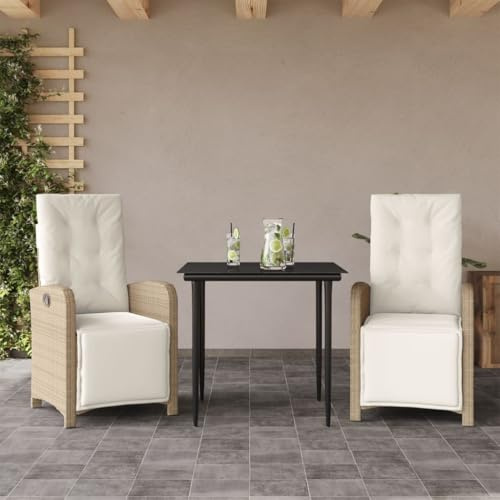 JHQHSM 3-TLG. Bistro-Set mit Kissen Beige Poly Rattan, Gartenmöbel mit Verstellbarer Rückenlehne, Fußstütze und abnehmbaren Bezügen, wetterbeständige PE-Rattan Sessel mit Tisch